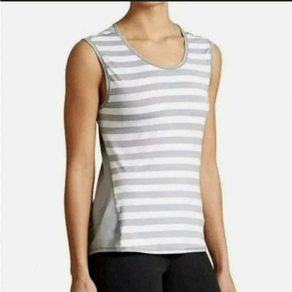 Athleta Women's Grey and White Ocean Stripe Chi Activewear Muscle Tank Large